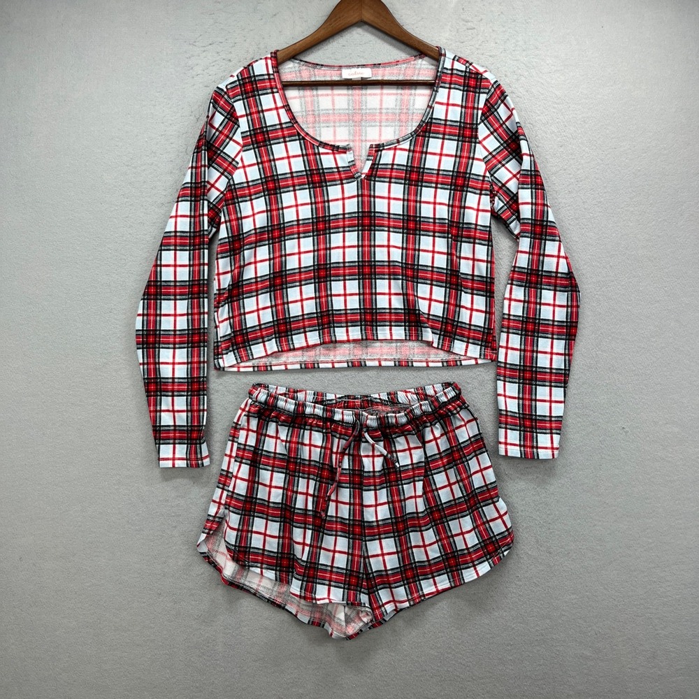 Colsie Pajama Set Womens M Red Plaid Long Sleeve Crop Top Shorts Sleep Lounge